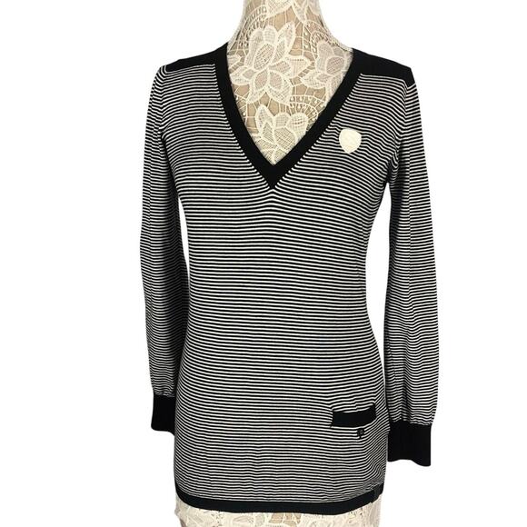 G - Star Raw V neck sweater striped black & white long fitted size large - Picture 1 of 12